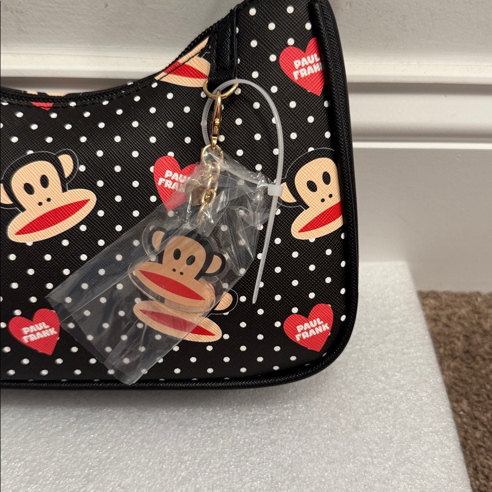 Paul Frank Black Polka Dot Julius Shoulder Bag with Red Hearts NWT bag charm - Picture 2 of 6